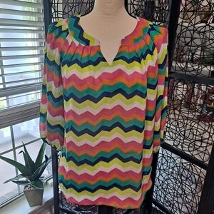 Ezra Size Medium ZigZag Strip Vneck Sheer Blouse
